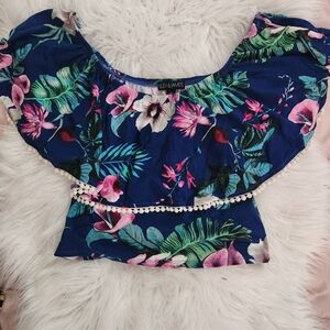 RILEY & JAMES TROPICAL floral CROP TOP ruffles so cute 😍 size medium